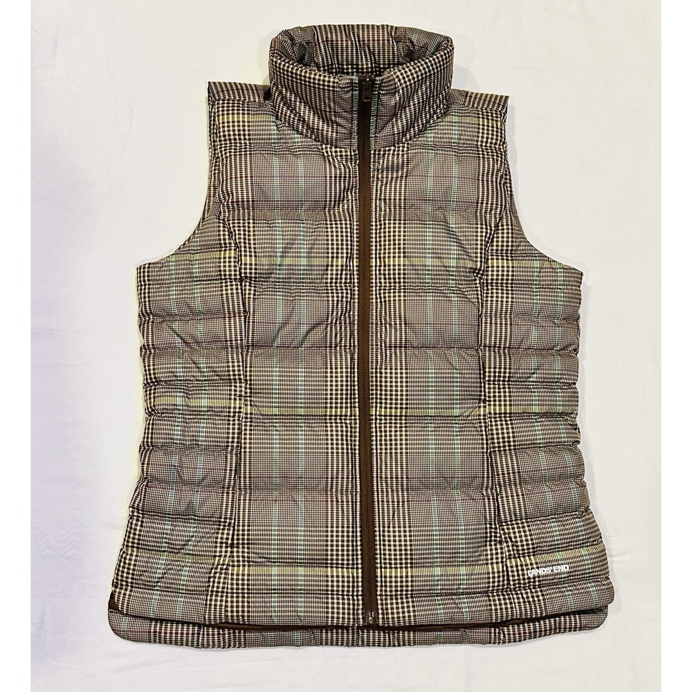Lands End Women's Down Puffer Vest Size Small Brown Plaid Outdoors  Cabin Hiking